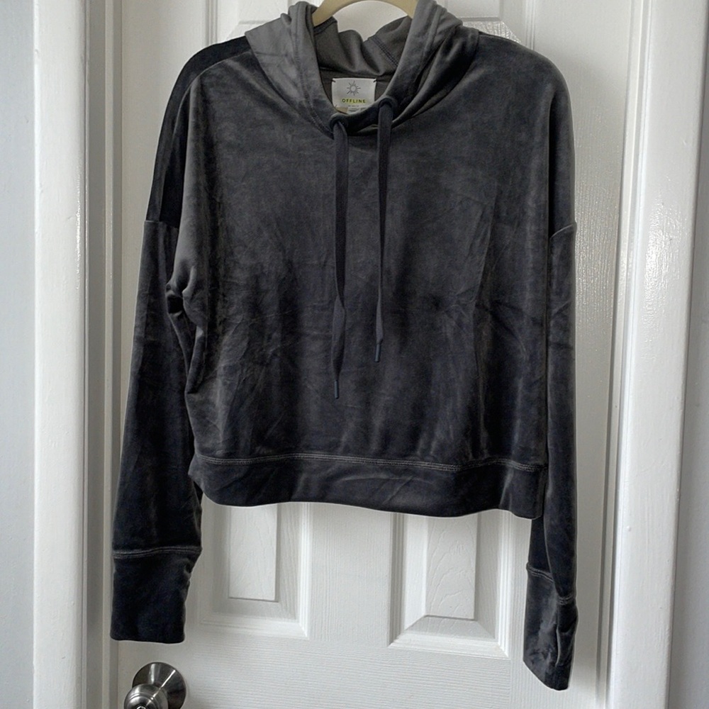 Aerie Offline dark gray velour hoodie cropped sweatshirt NEW size medium